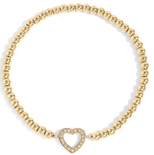 18k PVD Gold Stainless Steel Beaded Bracelet with Open Heart And Clear Stones
