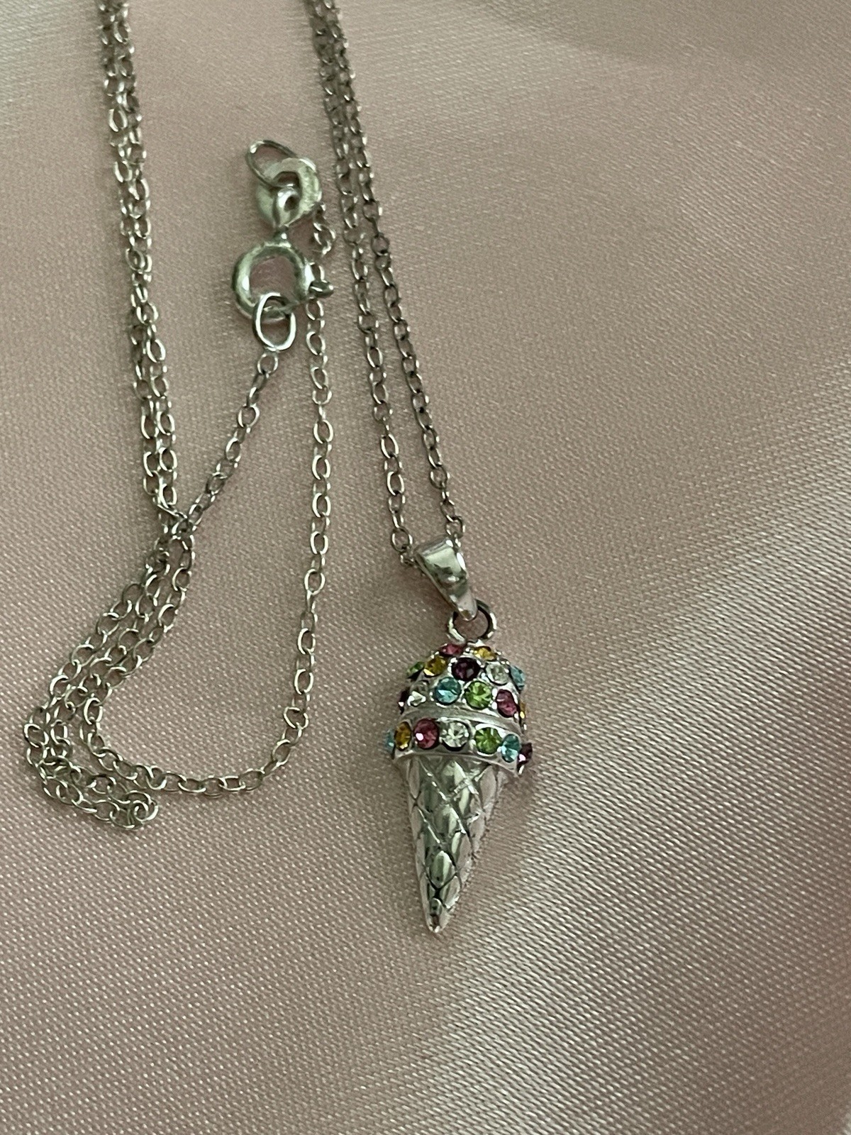 925 SU Rhinestone Embellished Textured Ice Cream Cone Pendant 18”Necklace