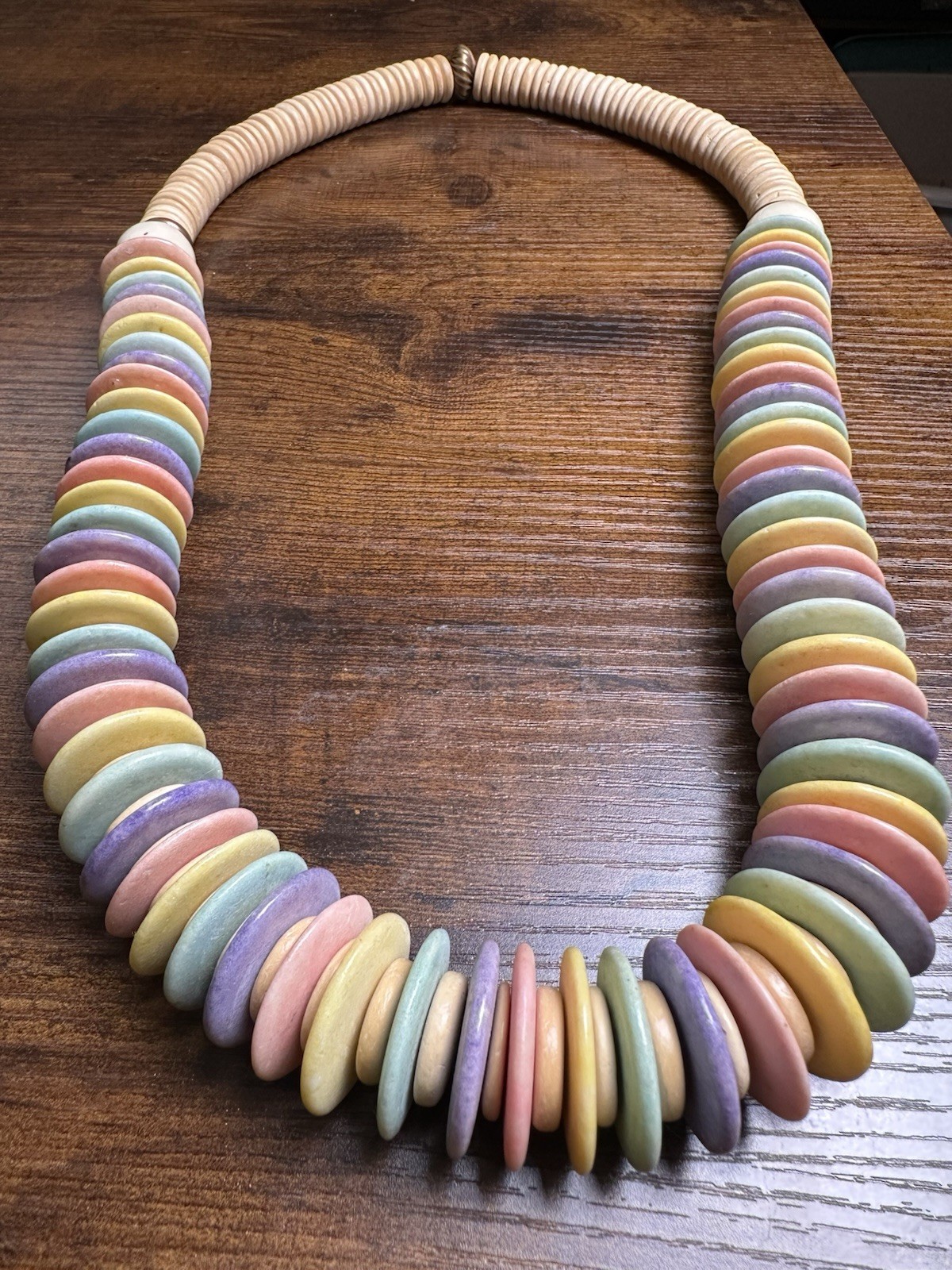 Heishi Wafer Wooden Beads Tie Dye Design Multi Color Womens Necklace 28” Boho