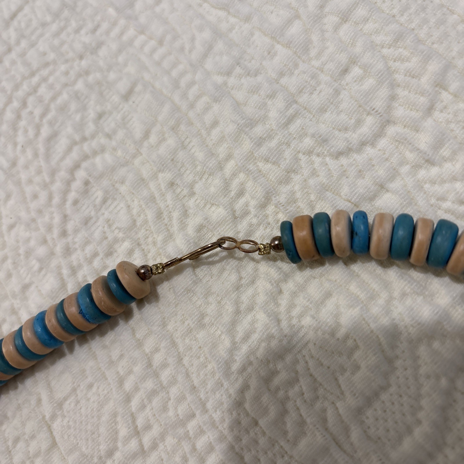 Vintage Exotic Boho Tribal Blue Beige Wood Beads Statement Necklace 26”