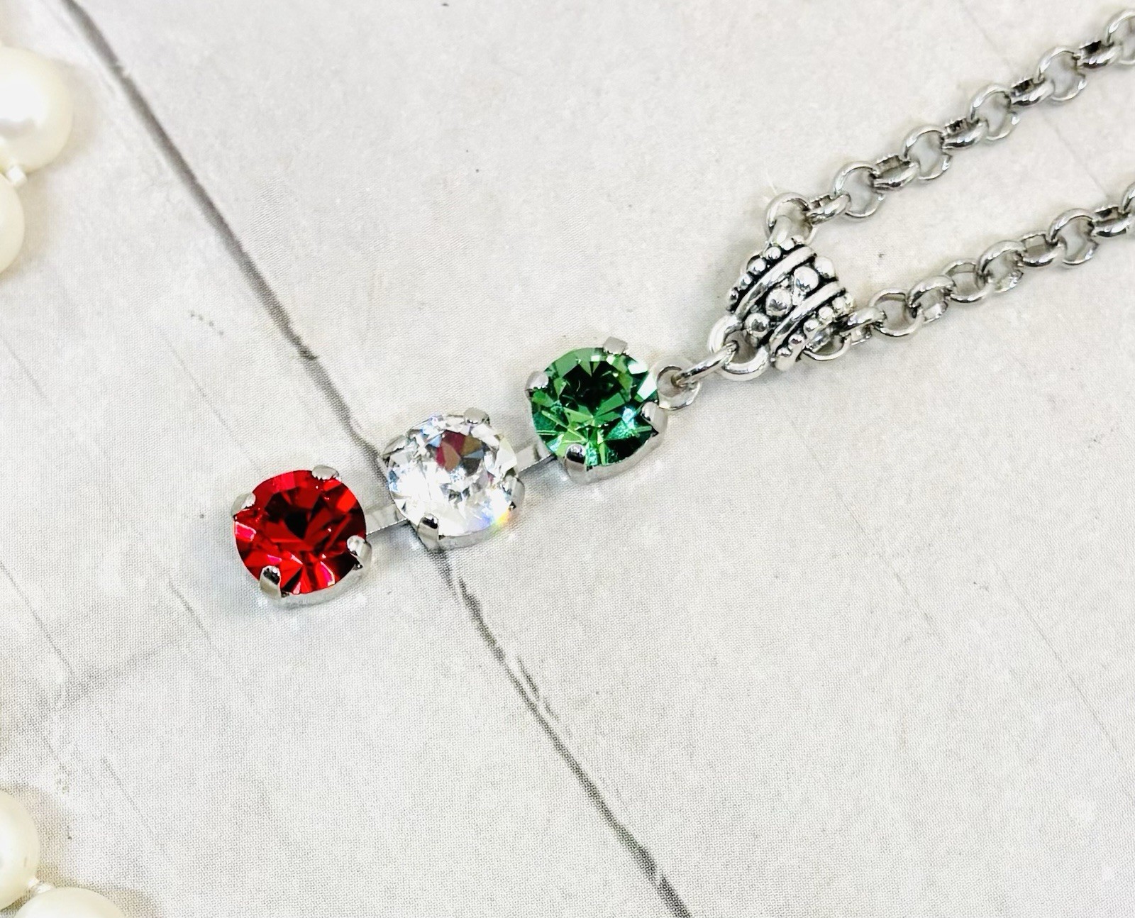 Shiny Silver Plated Red, Green, White Crystal Christmas Triple Stone Pendant