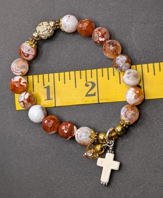 Women Stylish Orange, Cross Charm Beaded Stretch Bracelet (17cm) S/M 6.5″ Wrist