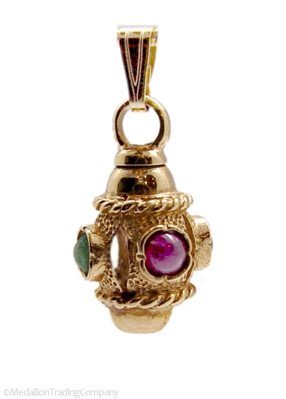 Antique 14k Yellow Gold Ruby Emerald Etruscan Lamp Lantern Rotating Pendant