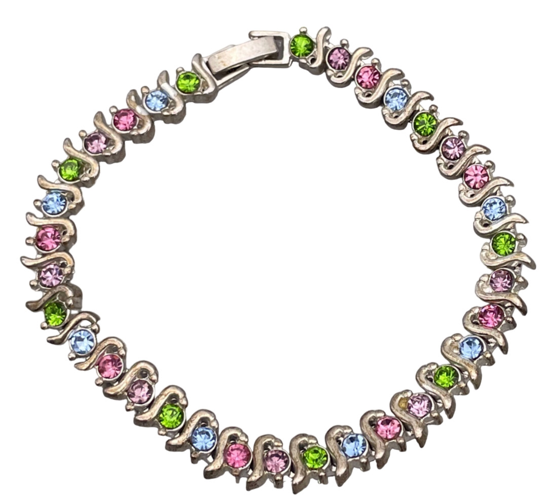 Multicolor Crystal Tennis Bracelet Fold Over Clasp Closure 7.5 Inch Long