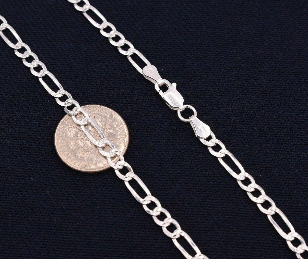 4mm Italian Figaro Pave Diamond Cut Link Chain Necklace Real Sterling Silver 925