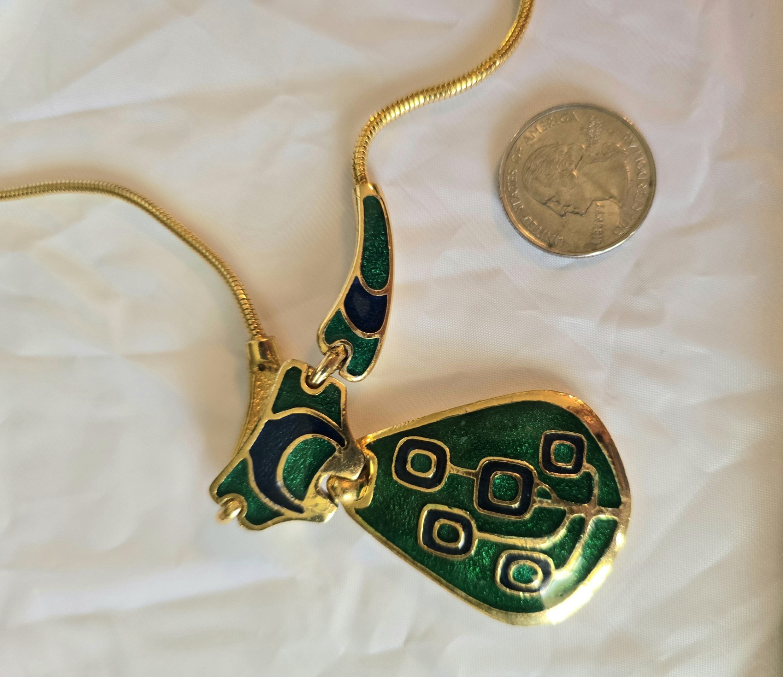 Vintage 1970s Blue & Green Enamel Gold Tone Collar Necklace, made in Thailand
