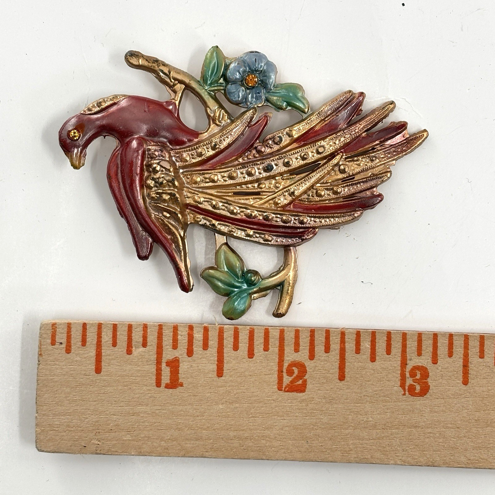Vintage Pot Metal and Enamel Brooch Pin Exotic Bird Flowers Tropical Paradise