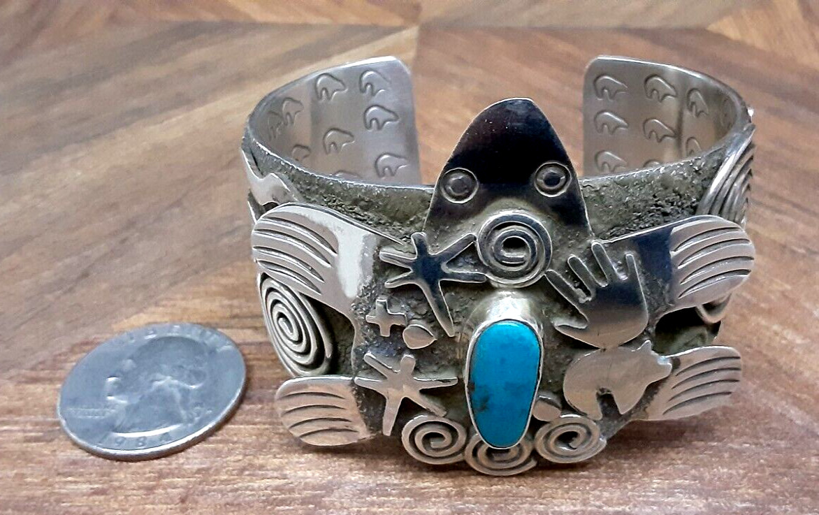 Navajo ALEX SANCHEZ Turtle Bracelet Sterling Turquoise GIGANTIC 114g Size 6 1/2″