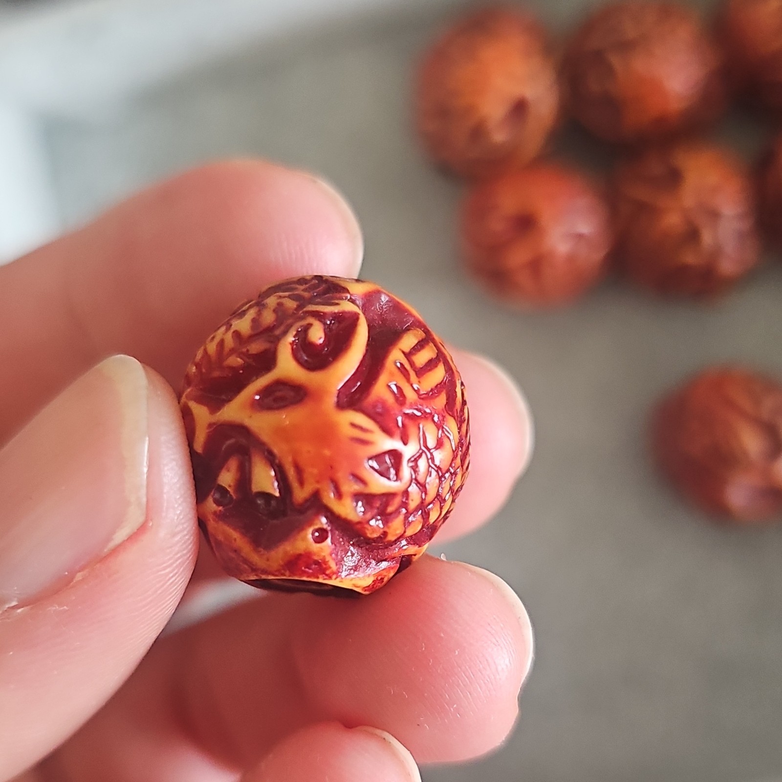 Carved Resin Dragon /Phoenix Round Beads 20mm Orange/Brown Large Hole Lot of 9