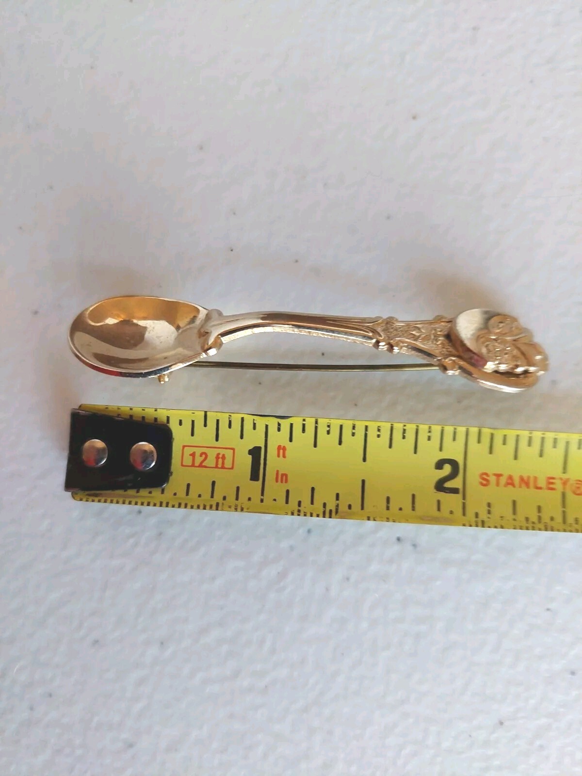 Vintage Gold Tone Spoon Pin Brooch Ornate Filigree Approx. 2-6/16 Inches