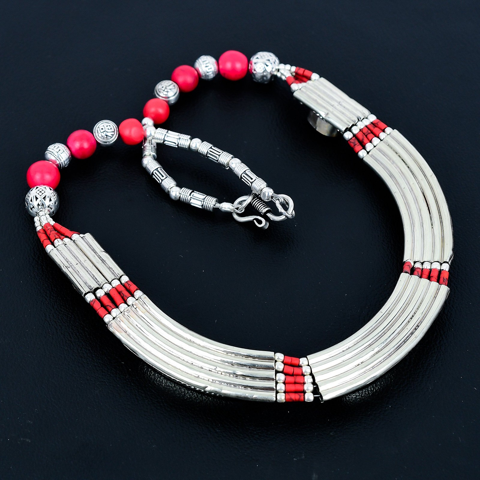Red Coral 925 Sterling Silver Handmade Jewelry Nepali Tibetan Necklace 18″ PG95