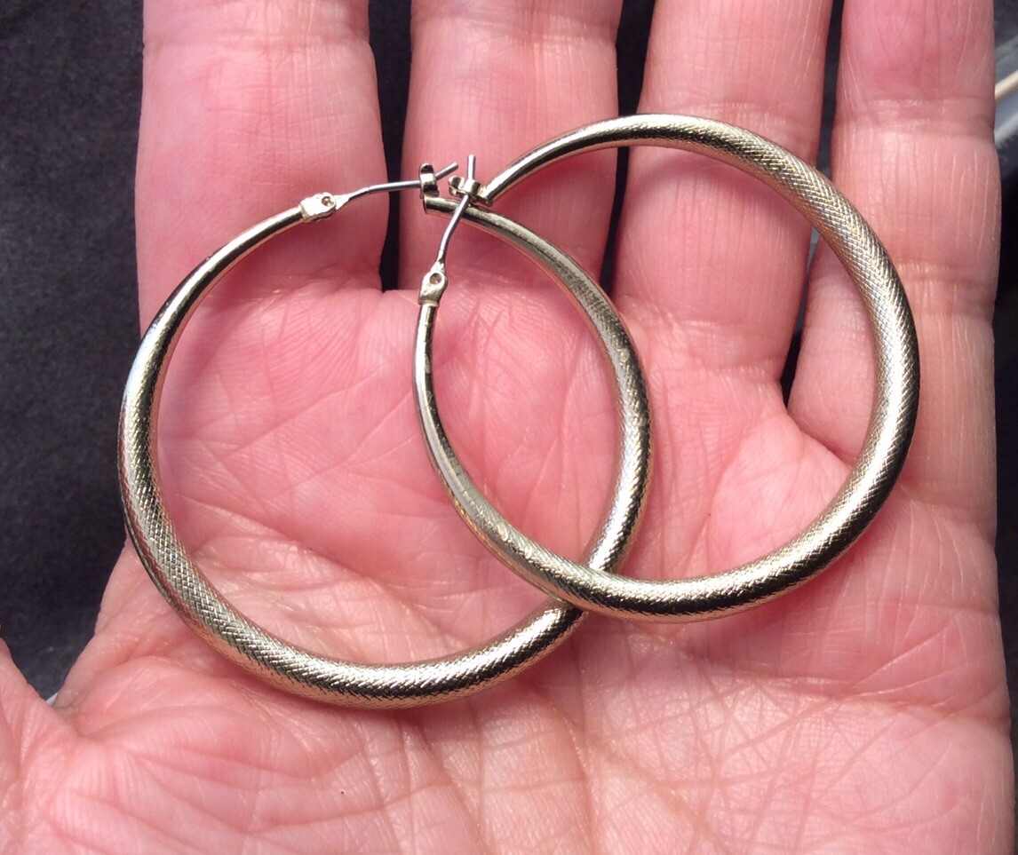 Large Gold Tone Round Textured Latch Back Hoop Earrings 1.75”