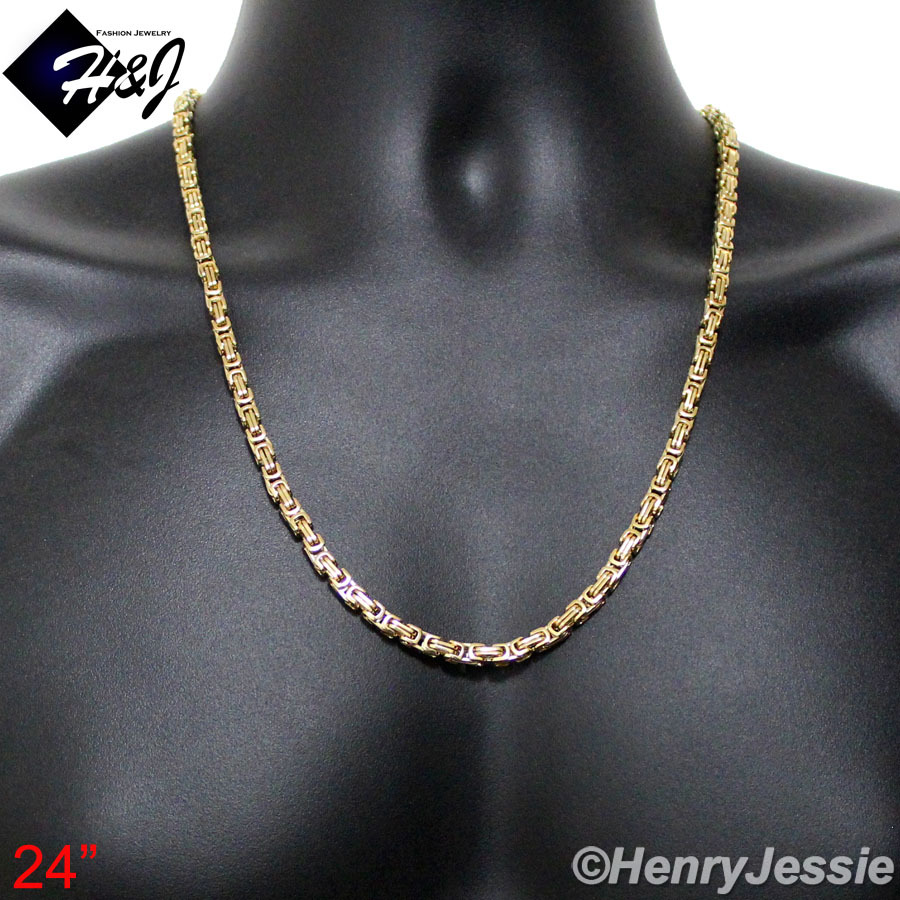 24″MEN’s Stainless Steel 4mm Gold Plated Byzantine Box Link Chain Necklace