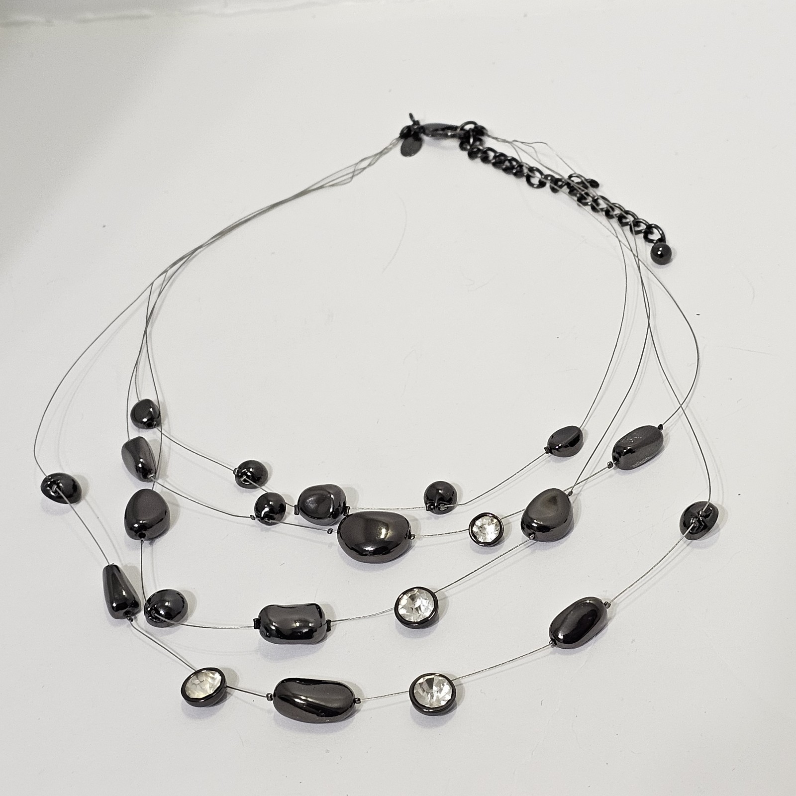 Chicos Multi Strand Illusion Necklace Black Metallic Beads Clear Rhinestones Wow
