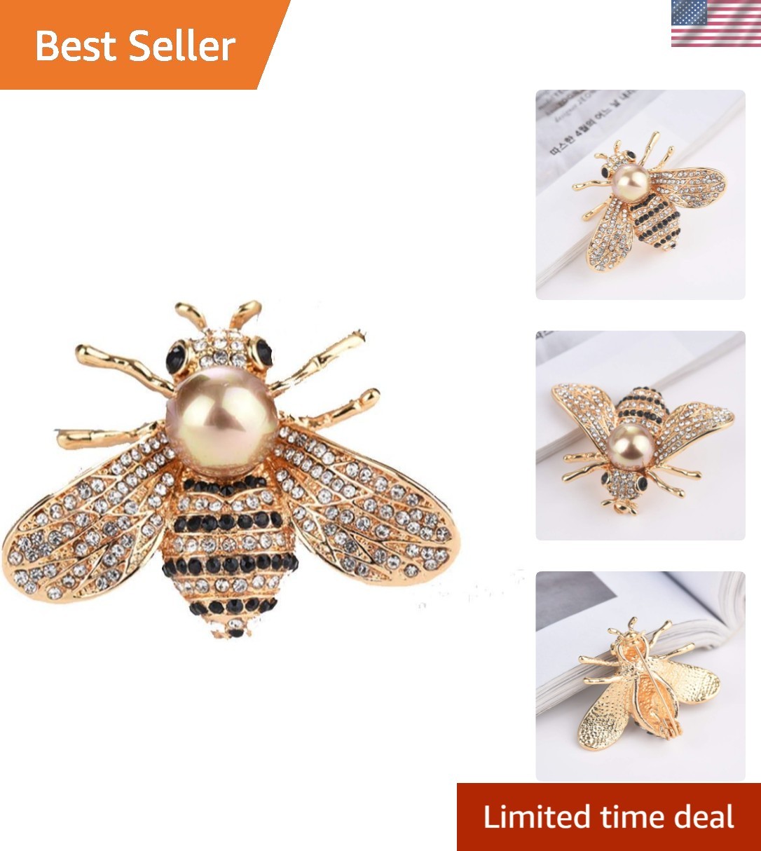 Charming Gold-Plated Bee Brooch with Rhinestones & Shell Pearl Beauty