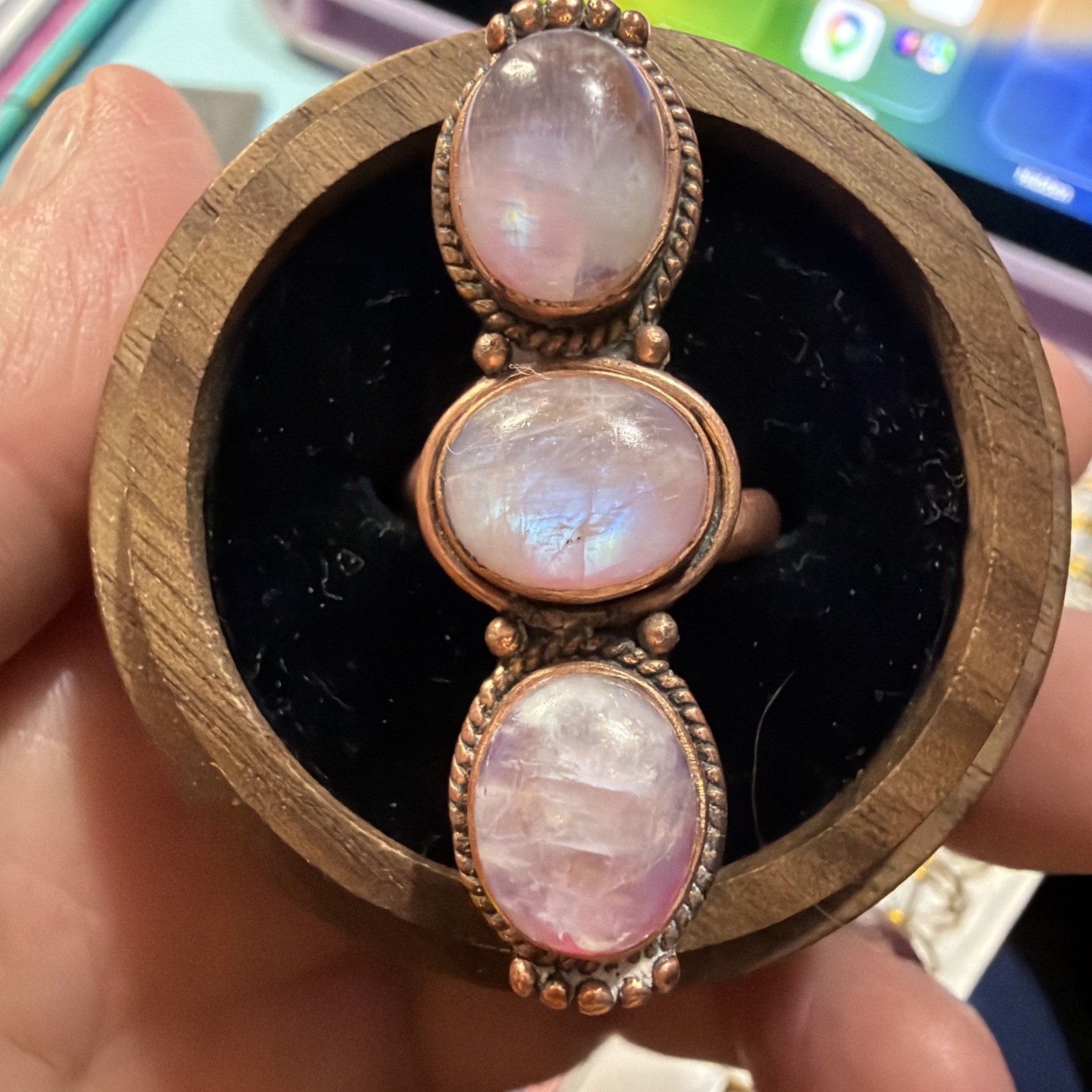 Pink Moonstone Copper Adjustable Ring Sz 7-9
