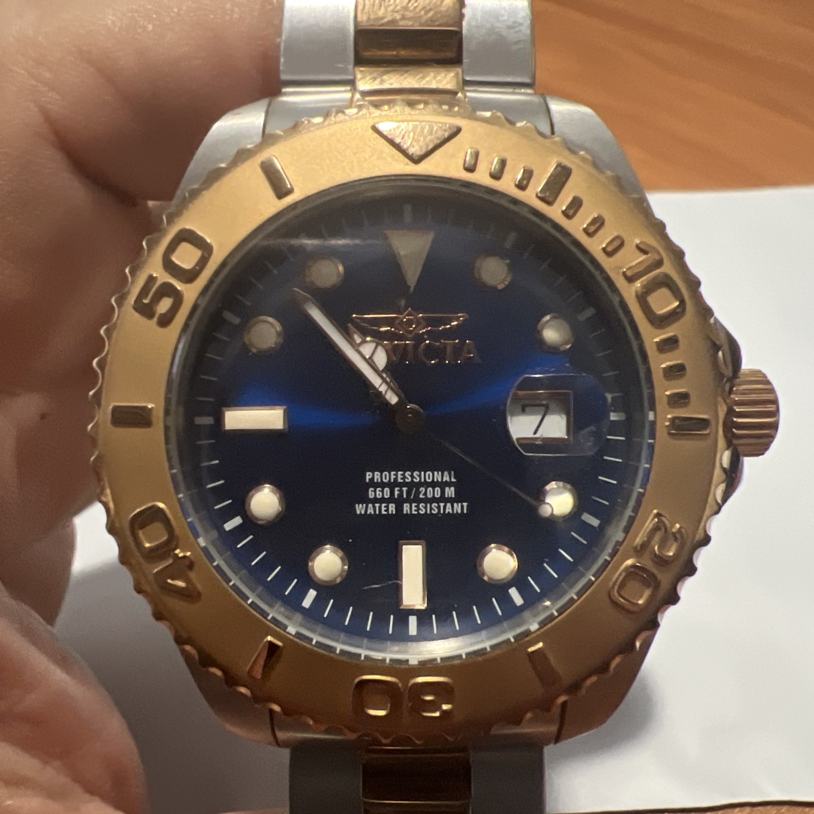 Invicta Men’s Watch Pro Diver Quartz Blue Dial Gold Bezel Two Tone Bracelet