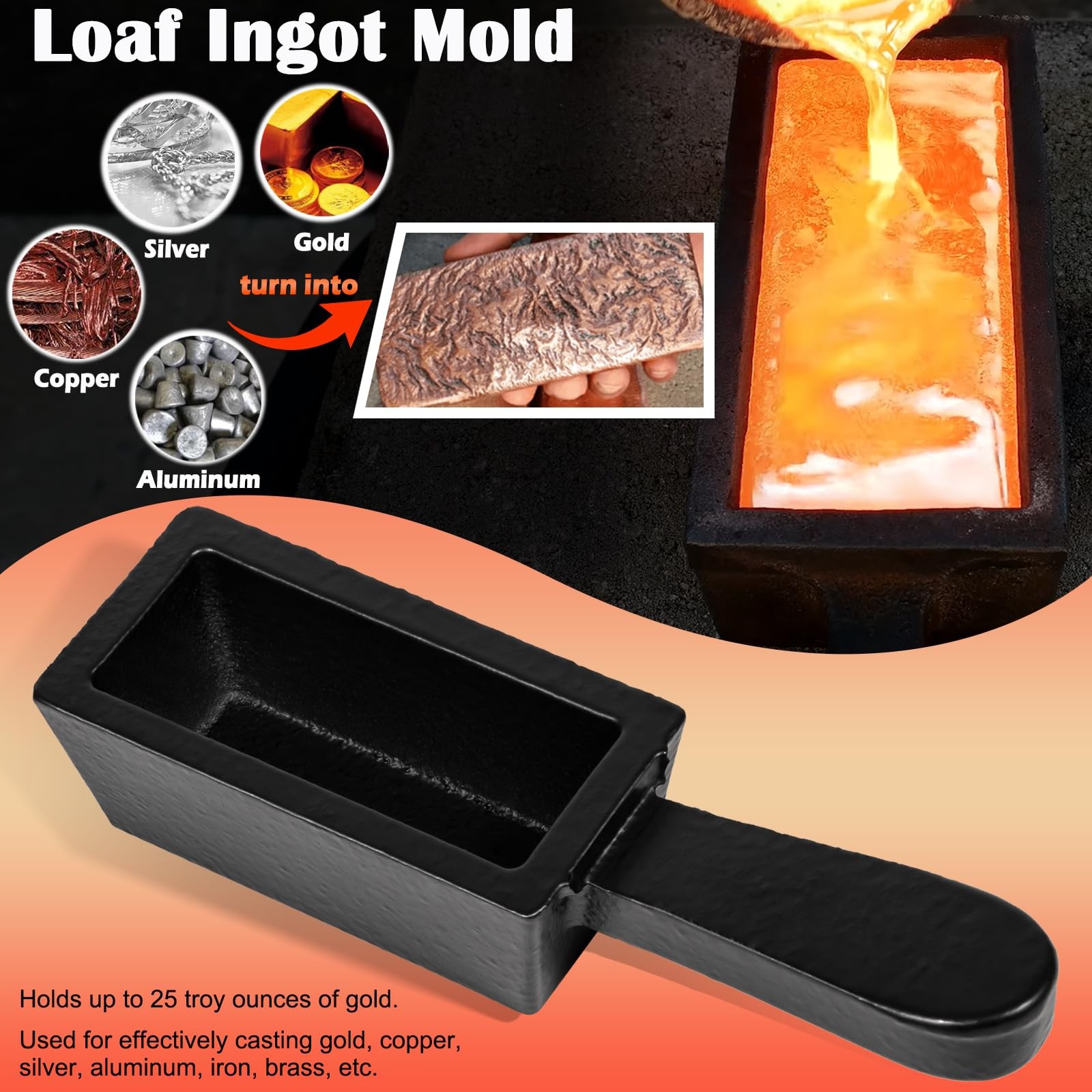 25 oz Troy Ounce Gold Bar Loaf Cast Iron Ingot Mold Perfect for Custom Smelti…