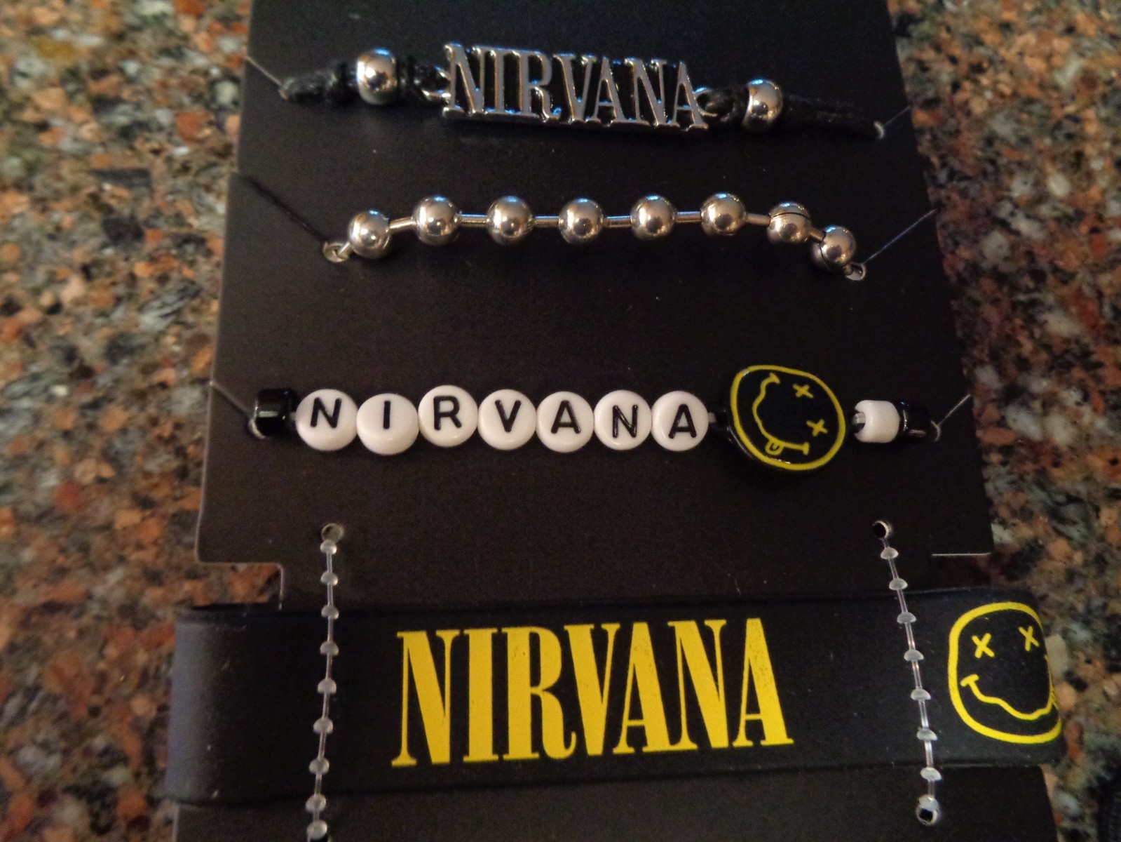 Nirvana Logo Bracelet Set 4 Bead Nameplate Smiley Face Rubber Cobain New