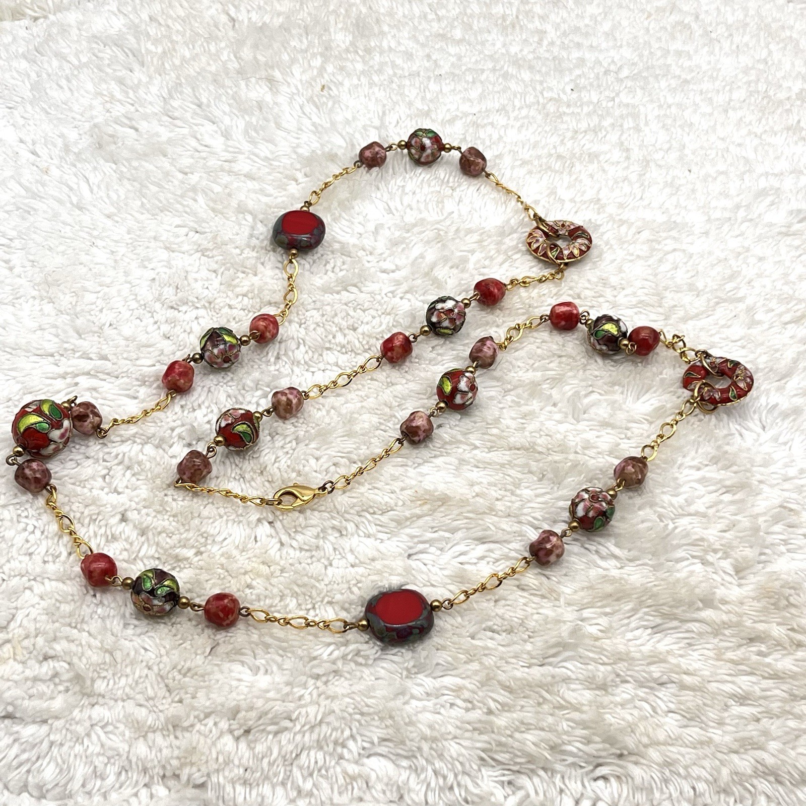 Cloisonne Necklace Red Beads Gold Tone Floral Flower 32″
