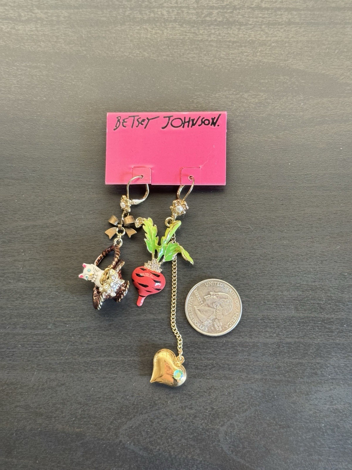 Betsey Johnson Farmhouse Cat in Basket with Bow and Turnip Earrings New