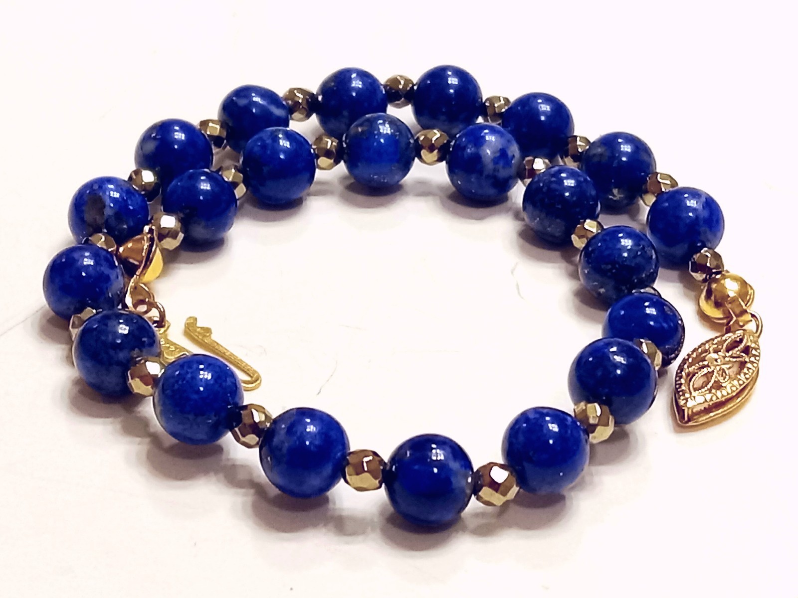 Ladies 6 mm LAPIS & Faceted GOLD Bead Bracelet 14K Gold Clasp / CUSTOM LENGTH