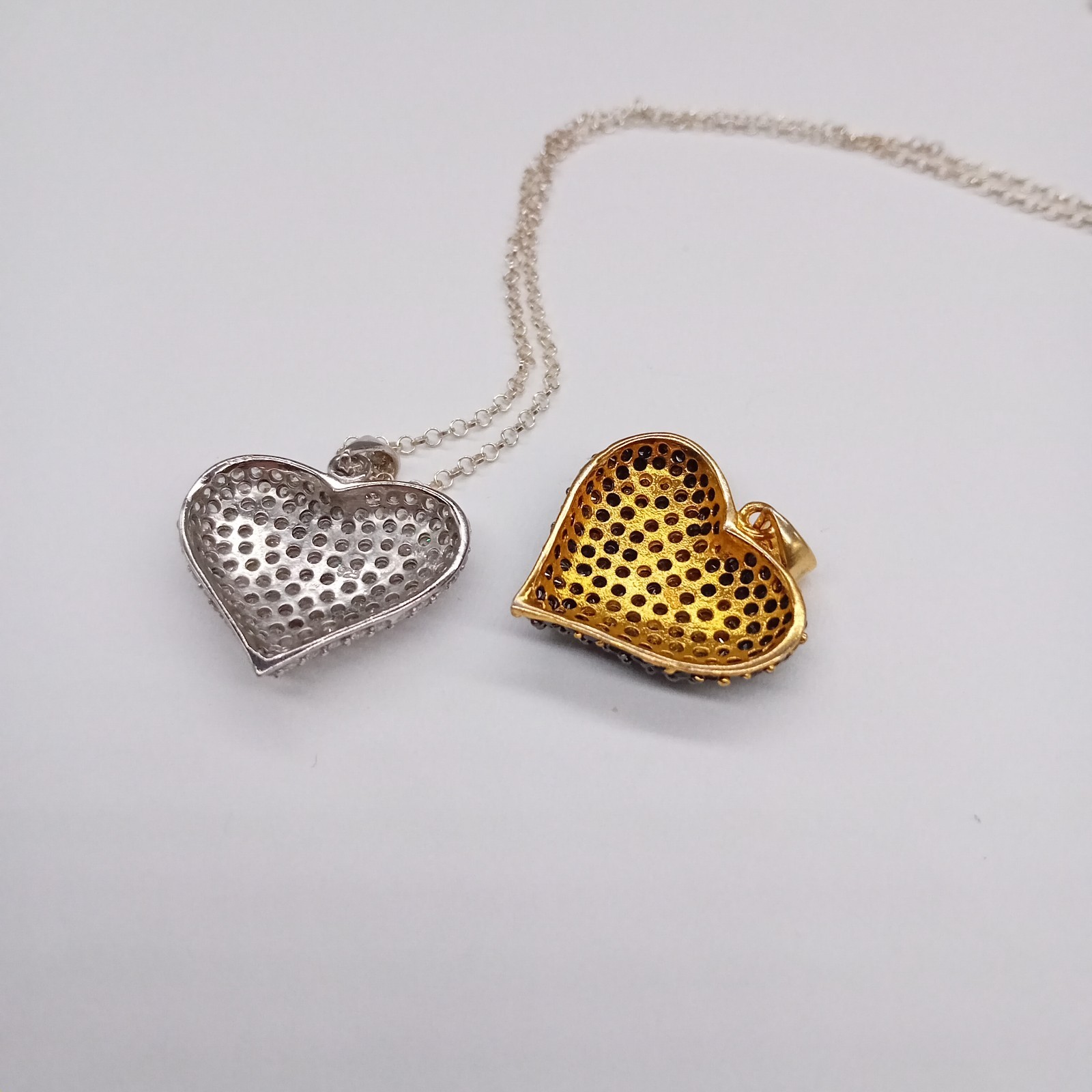 STERLING SILVER Pair of Silver & Black Diamante Heart Pendants Necklace