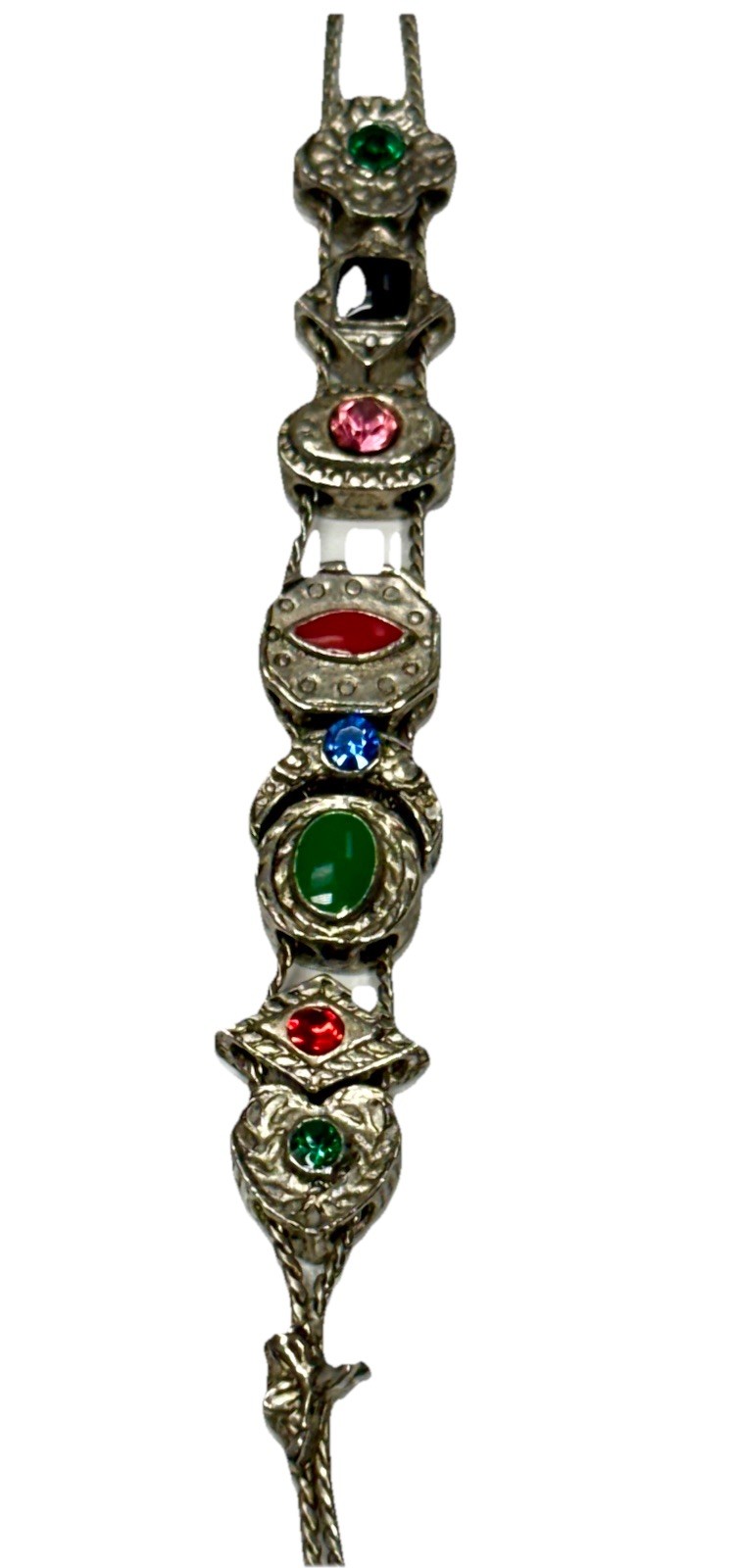 VTG Victorian Revival Slider Charm Bracelet Silvertone Rhinestones Enamel 7 1/4″