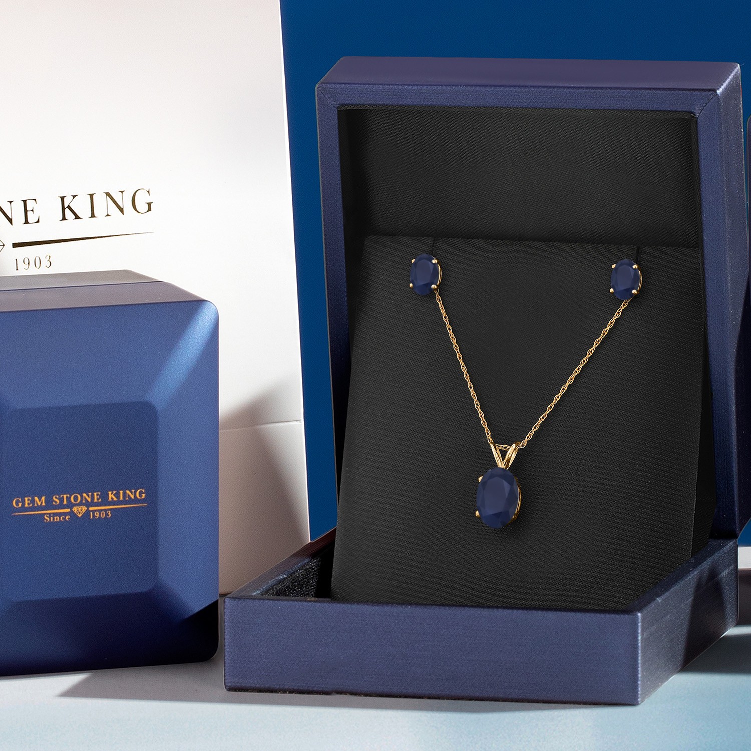 14K Yellow Gold Sapphire Pendant Earrings Jewelry Set For Women | 3.30 Cttw |