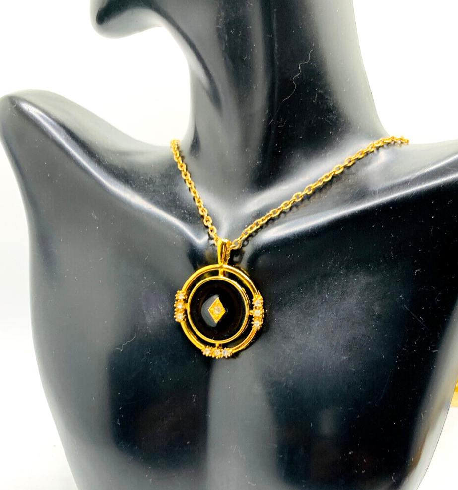 Vtg Gold Crown Inc Gold Tone Black Enamel Rhinestone Deco Rev. Pendant Necklace
