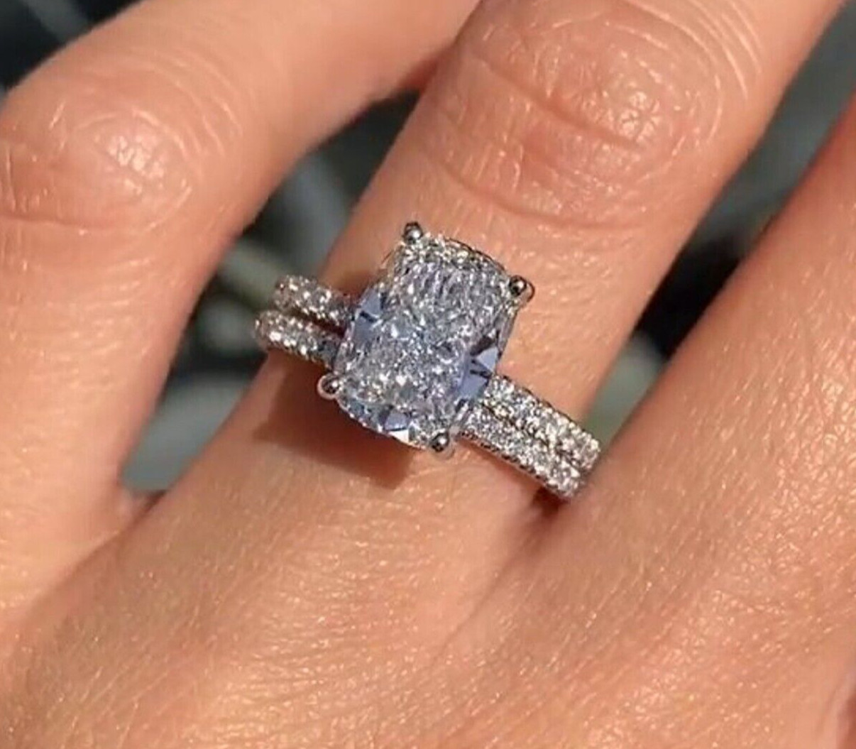 935 Argentium Silver 3Ct Cushion Cut White Moissanite Halo Engagement Ring Set