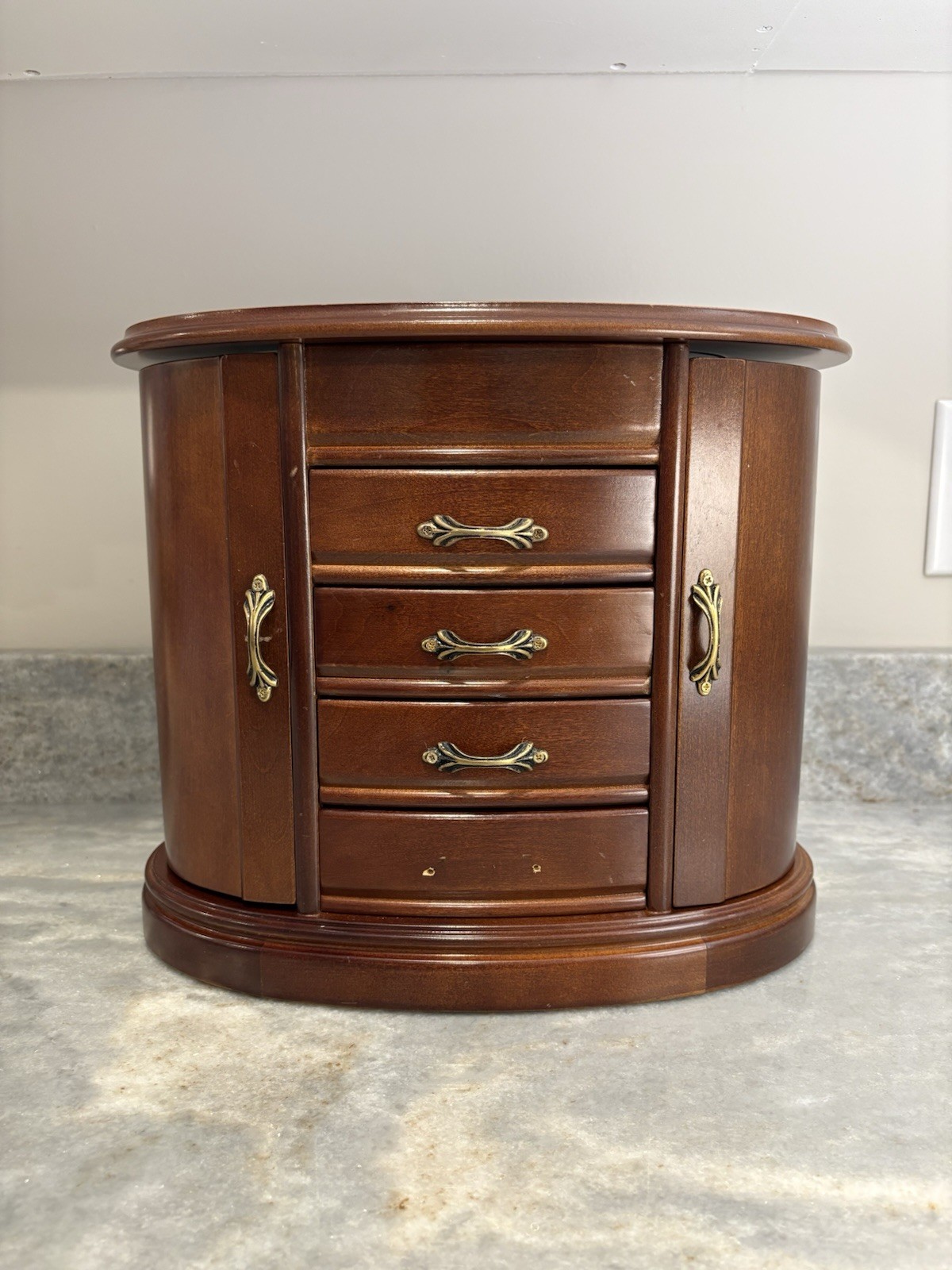Mele and Co Heloise Oval Wooden Jewelry Box Armoire Walnut Finish Lined Mirror