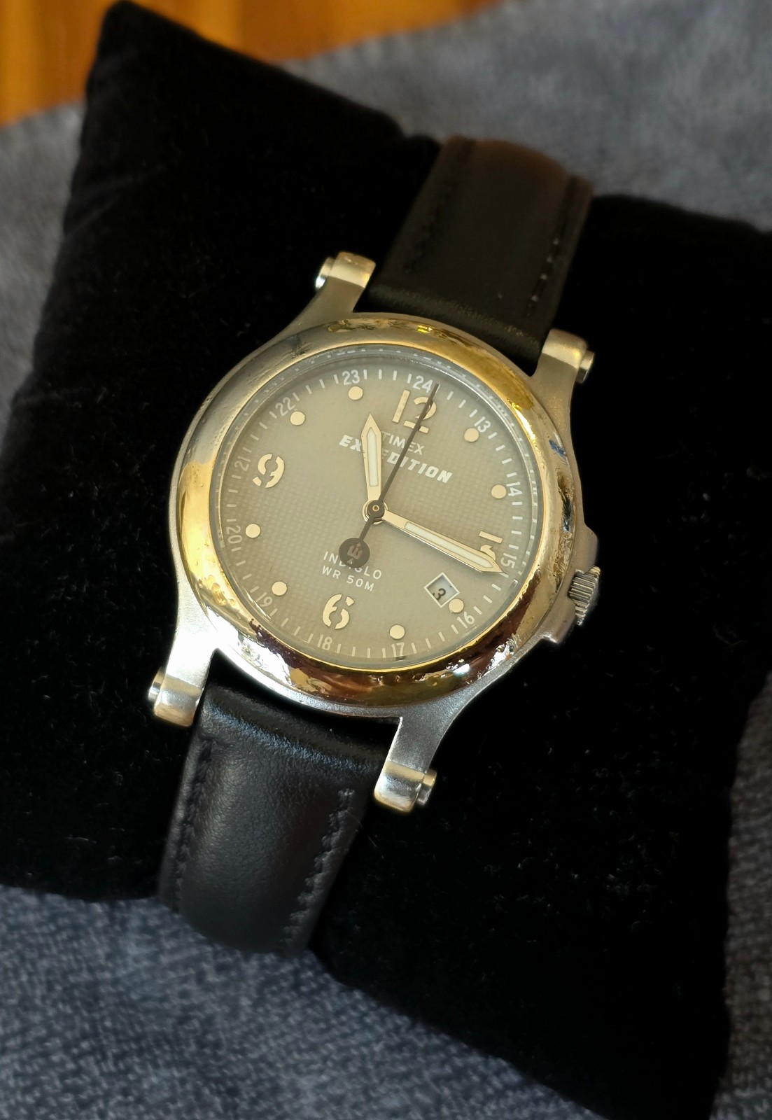 Vintage Timex Women’s Watch, Expedition, Gray Dial, Indiglo, Black Leather, 30mm