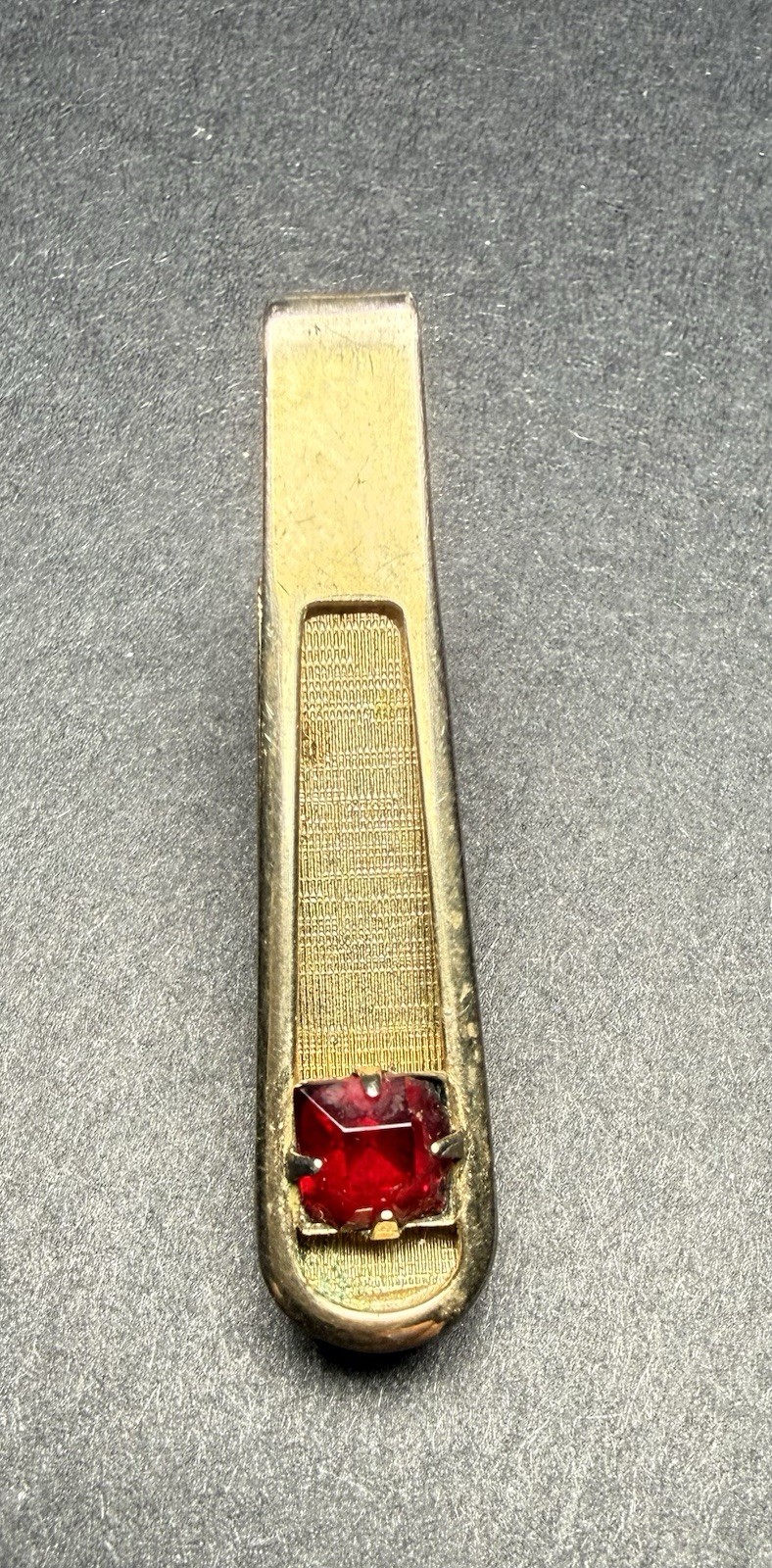 Vintage Mens Gold Tie Bar Clip Clasp Red Stone Swank Style