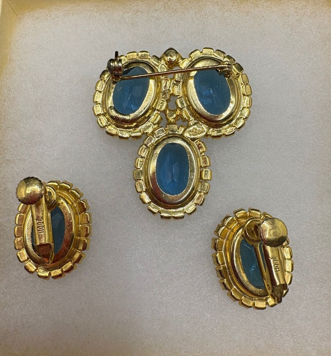 Vintage Signed HOBE Blue Rhinestone Brooch and Clip-On Earrings Demi-Parure Set