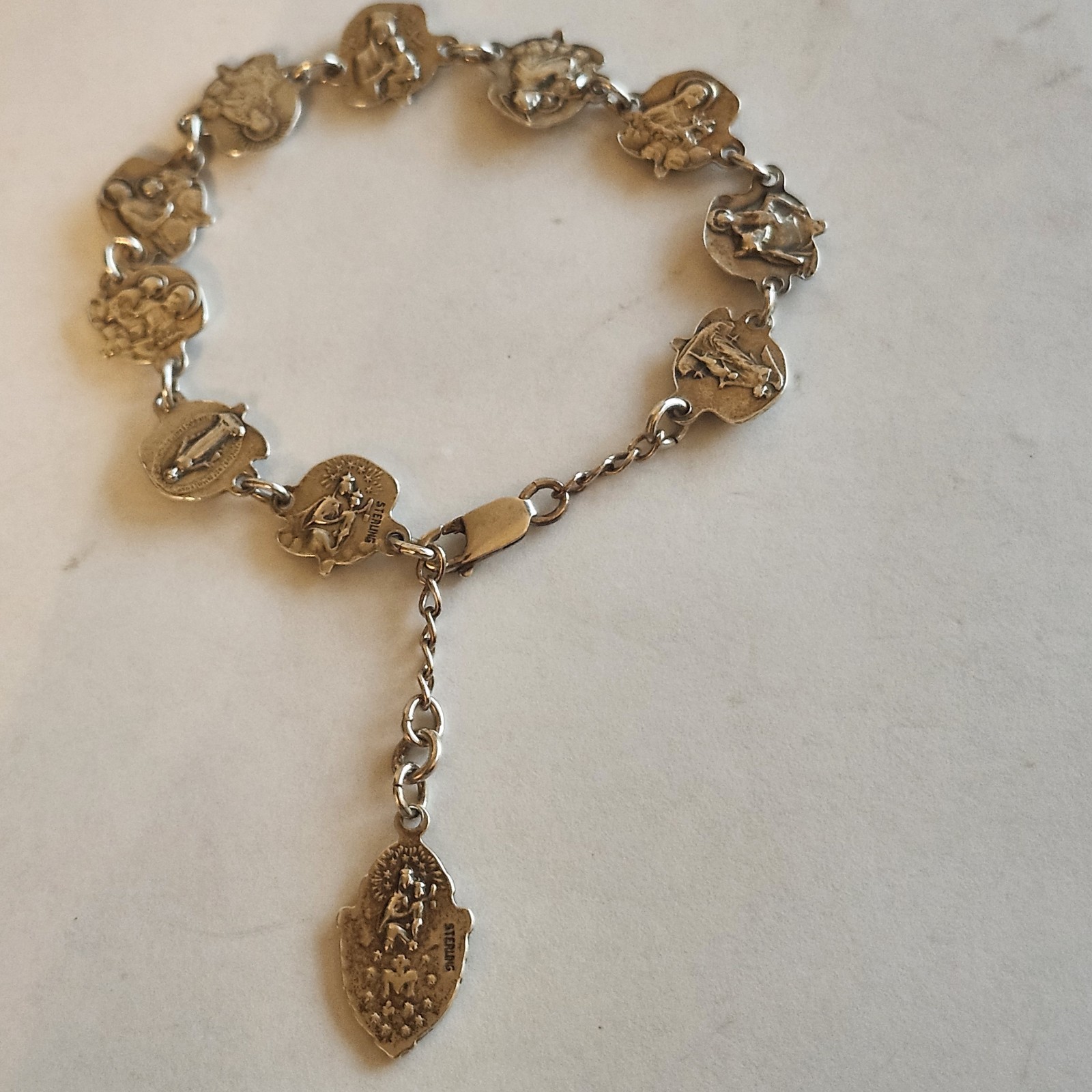 Sterling Silver Vintage Religious Rose Catholic Saint Prayer Bracelet Virgin M