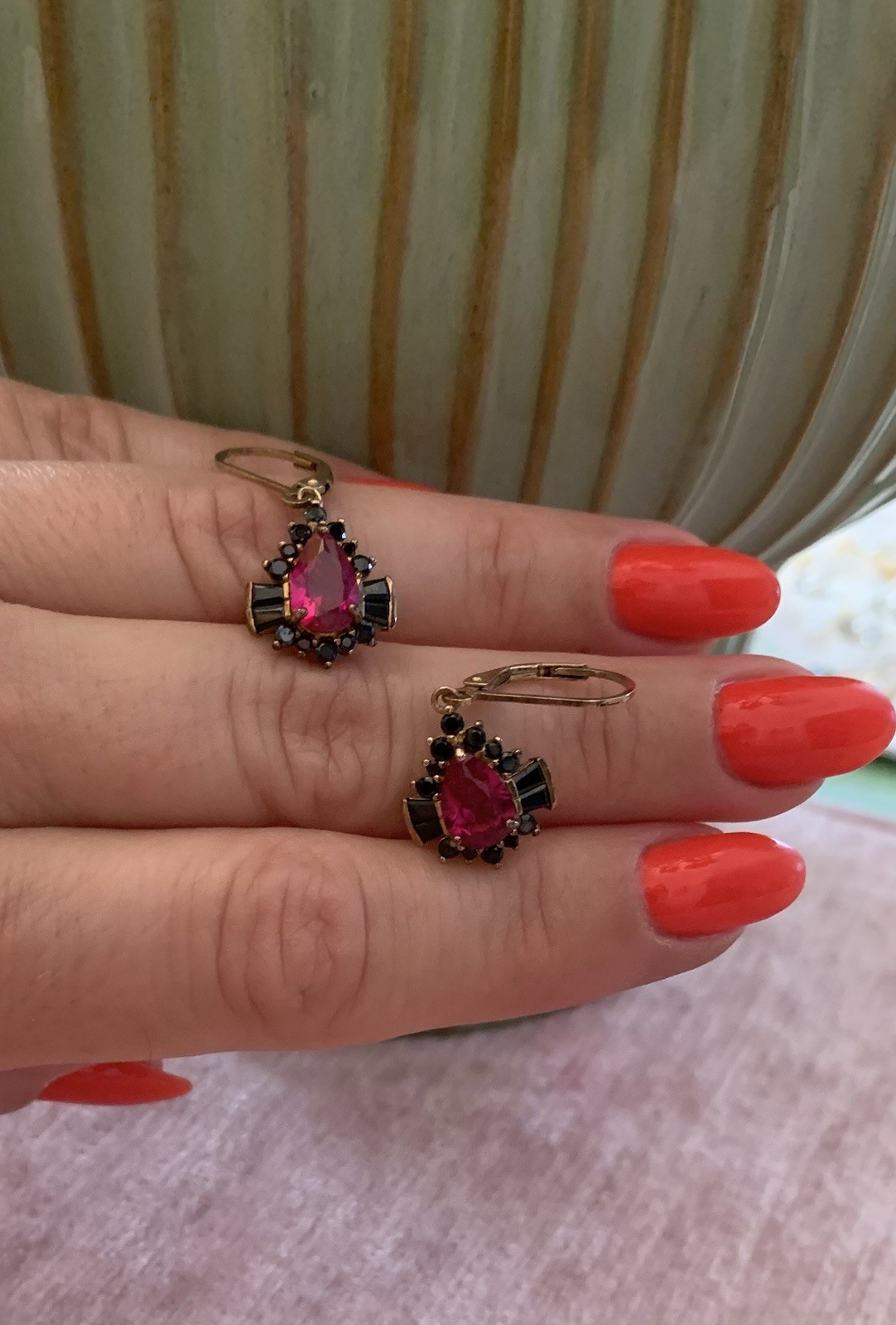 PEAR LAB CREATED RUBY WITH BLACK SPINEL 18K YELLOW GOLD OVER SILVER EARRINGS