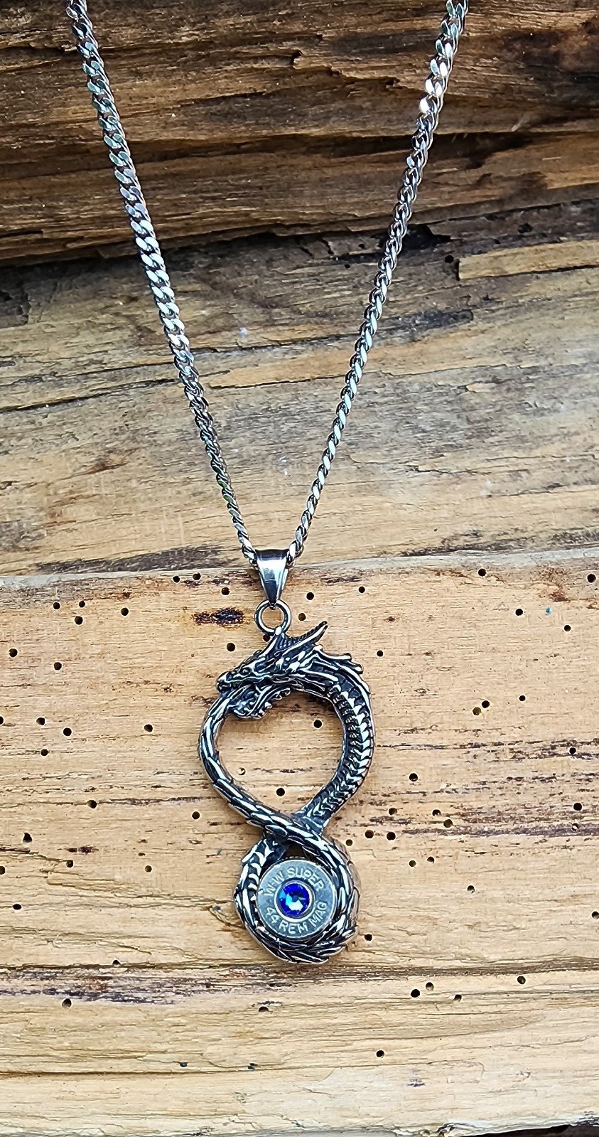 Large Stainless Steel Dragon Bullet Necklace. 44 Mag Bullet. Optional Crystal.