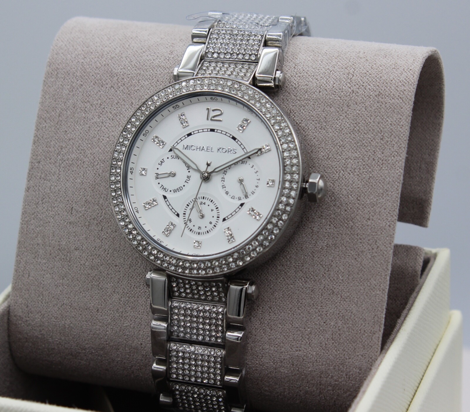 NEW AUTHENTIC MICHAEL KORS PARKER SILVER CHRONOGRAPH CRYSTALS WOMEN MK6759 WATCH