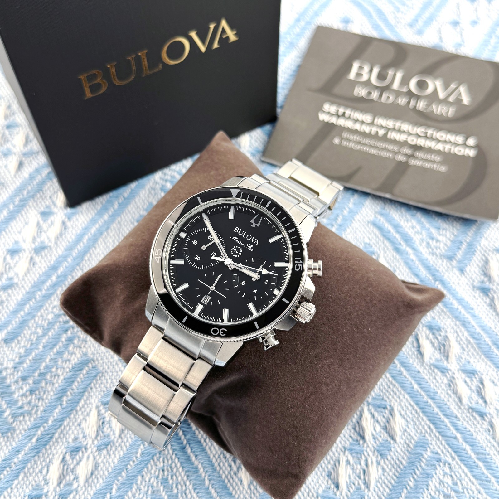 New Bulova Marine Star Chronograph SilverTone Men’s Watch Black Dial 45mm/96B272