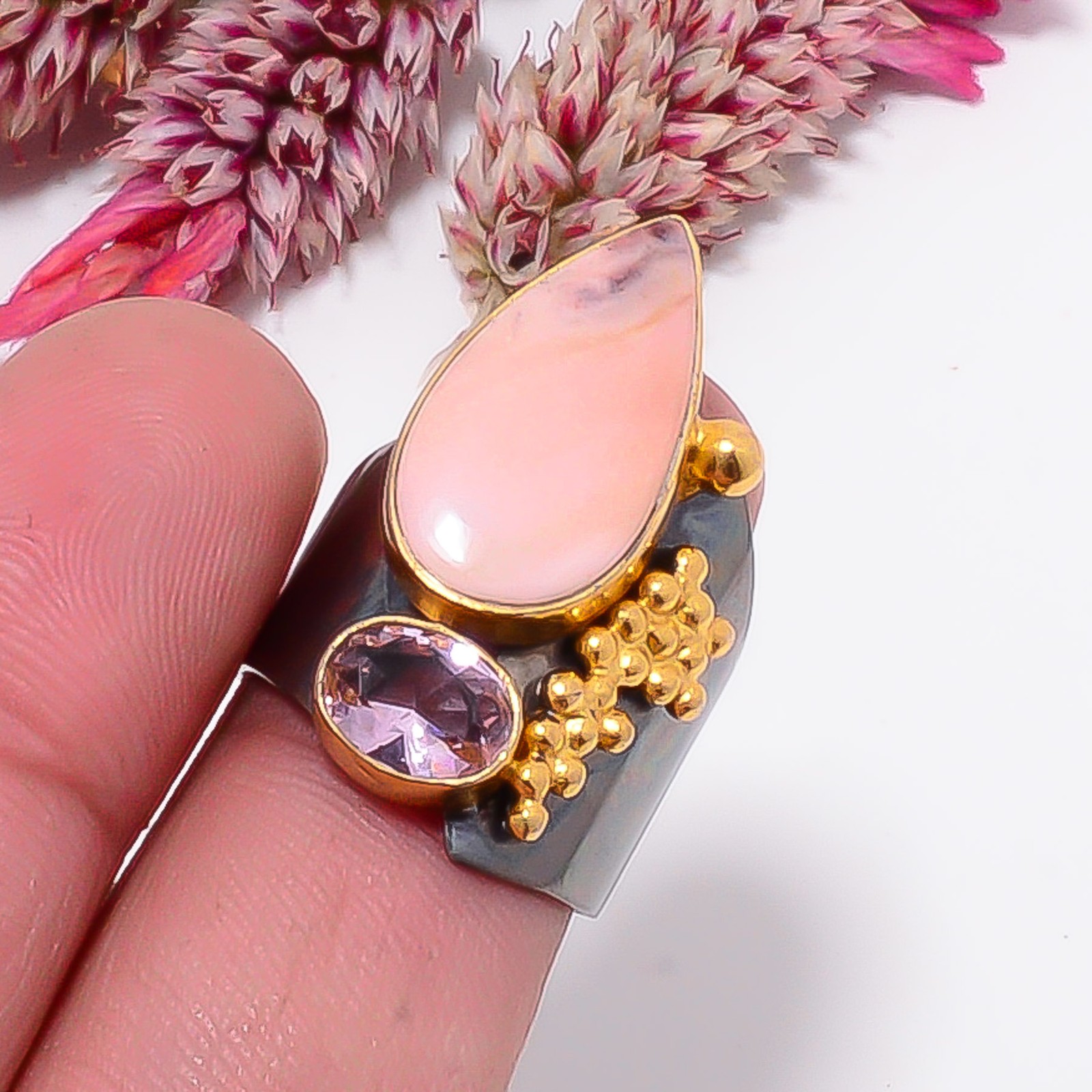 Pink Opal & Pink Kunzite Black And Gold Plated 925 Sterling Silver Ring s.7 Sk10