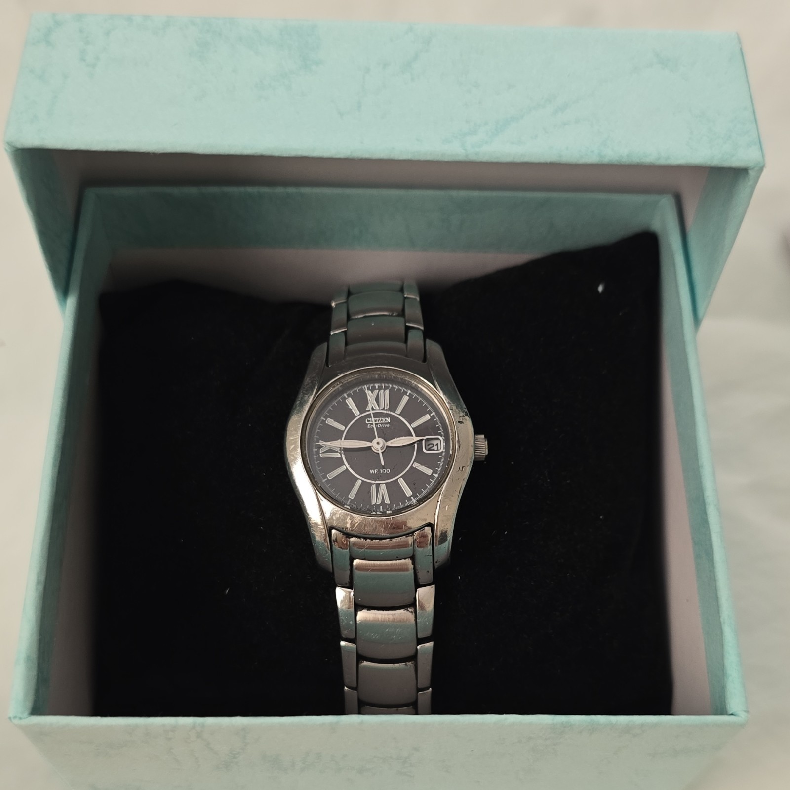 Citizen Eco-Drive Quartz WR100 100m Black Dial Date Silver Bracelet w/ Box