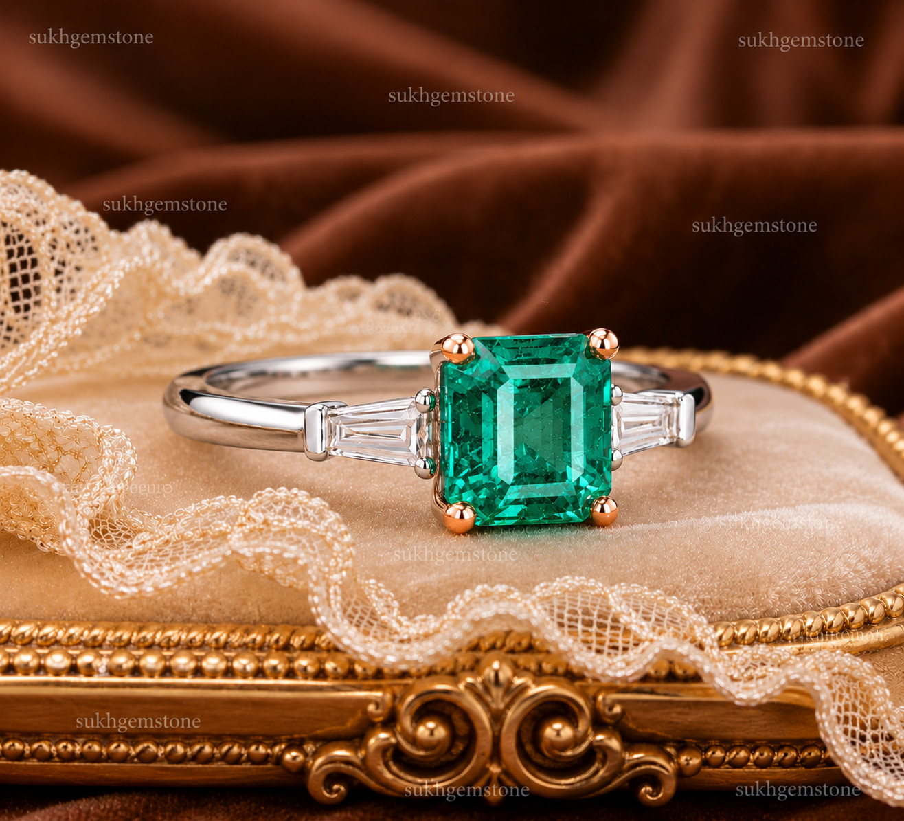 Lab Created Green Emerald Ring, Base Metal: Brass Finish: Gold Plated