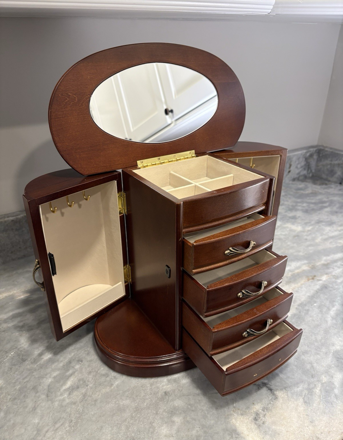 Mele and Co Heloise Oval Wooden Jewelry Box Armoire Walnut Finish Lined Mirror