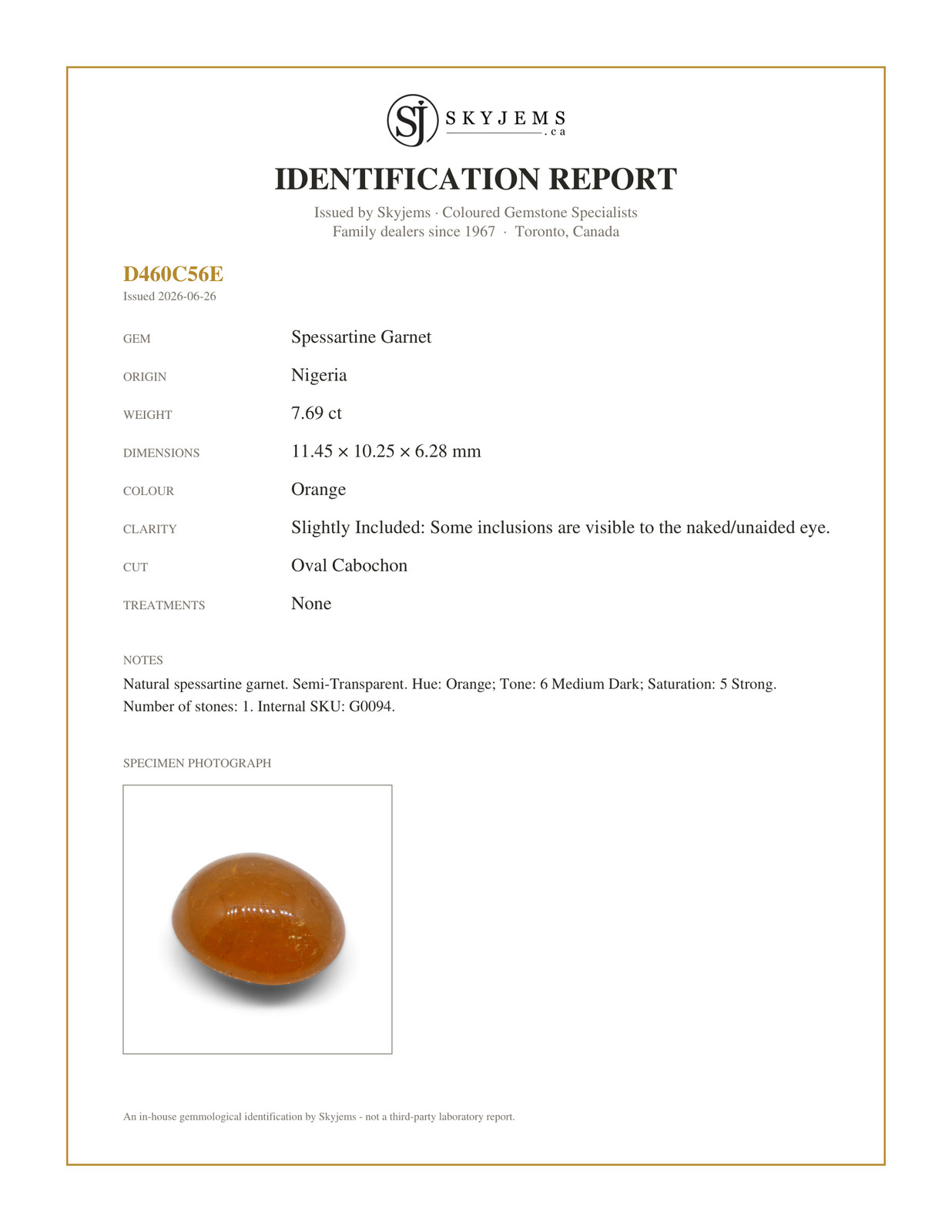 7.69ct Oval Cabochon Orange Mandarin Spessartine Garnet from Nigeria