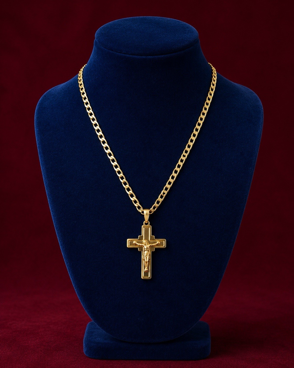 Yellow Gold Plated Cuban Link Chain Cross Charm Pendant Necklace Religious