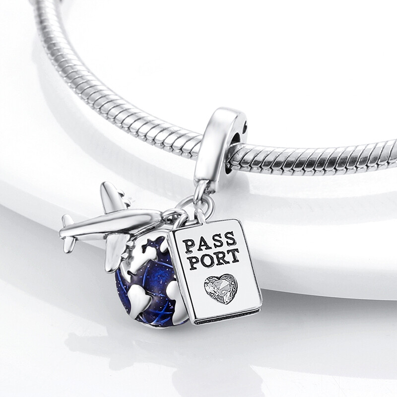 MULA Airplane Passport Earth DIY Charm CZ Enamel For Bracelet 925 Silver Plated