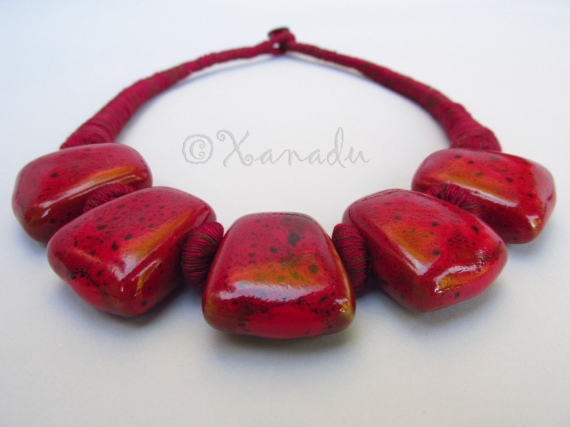 Crimson Red Porcelain Necklace With Eclectic Maroon Red Cotton Thread Chain