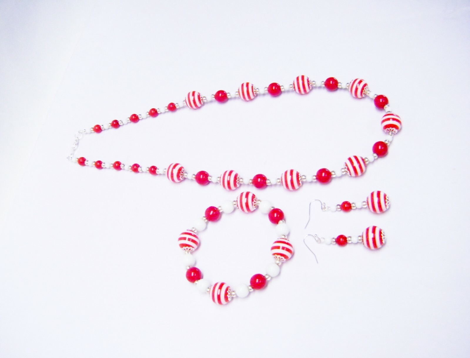 Red/White Stripe Acrylic w/White Glass Bead Necklace/Bracelet/Earrings