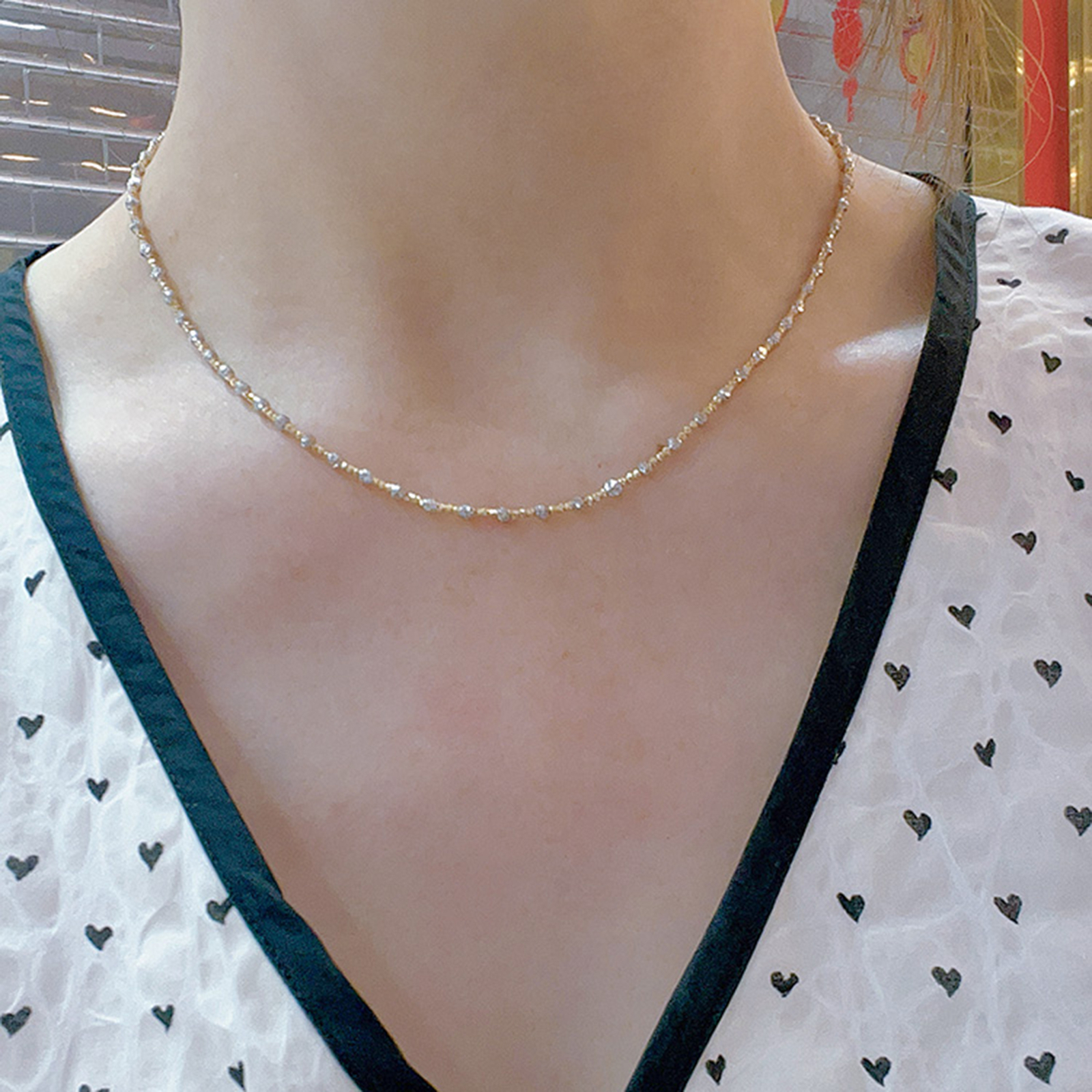 18k Solid Gold Two-Tones Bead Ball Chain Necklace Women Shiny Stack Bracelet
